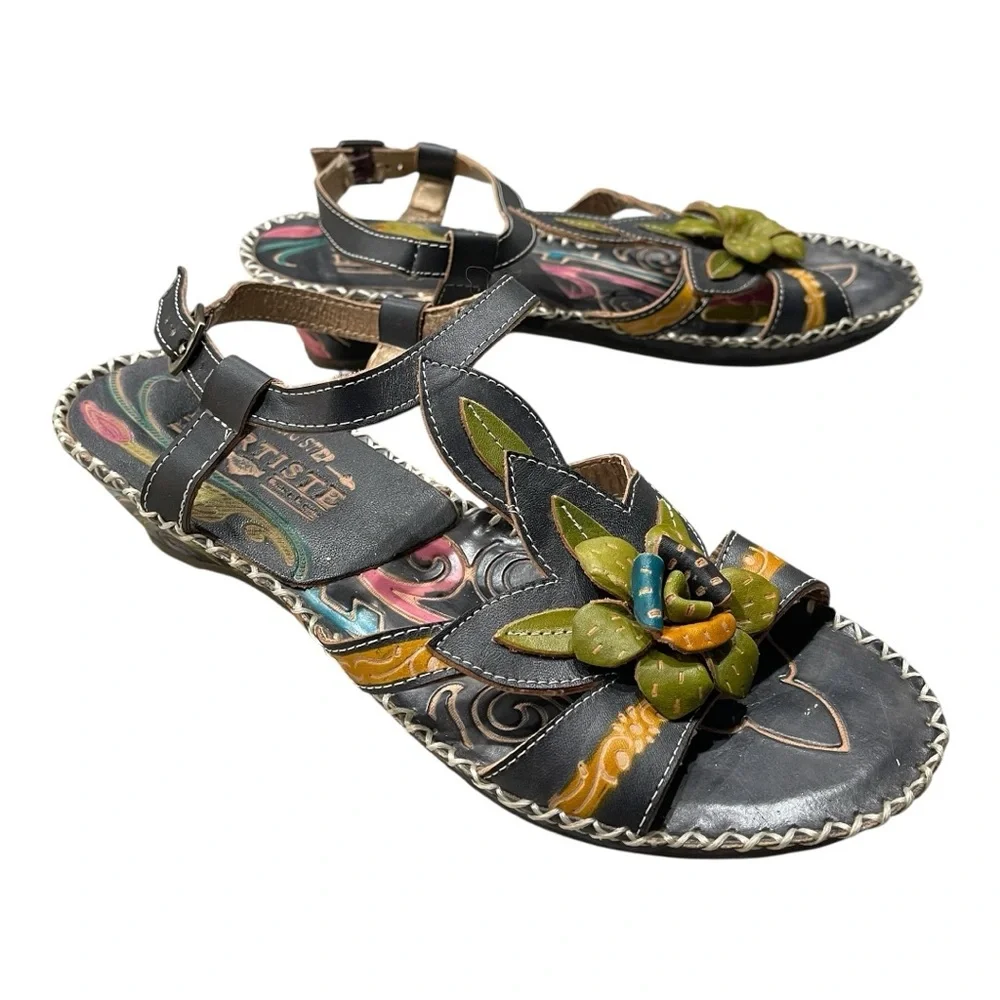 L’Artiste Spring Step Floral Leather Wedge Sandals Black | Size EU 37 US 6.5-7